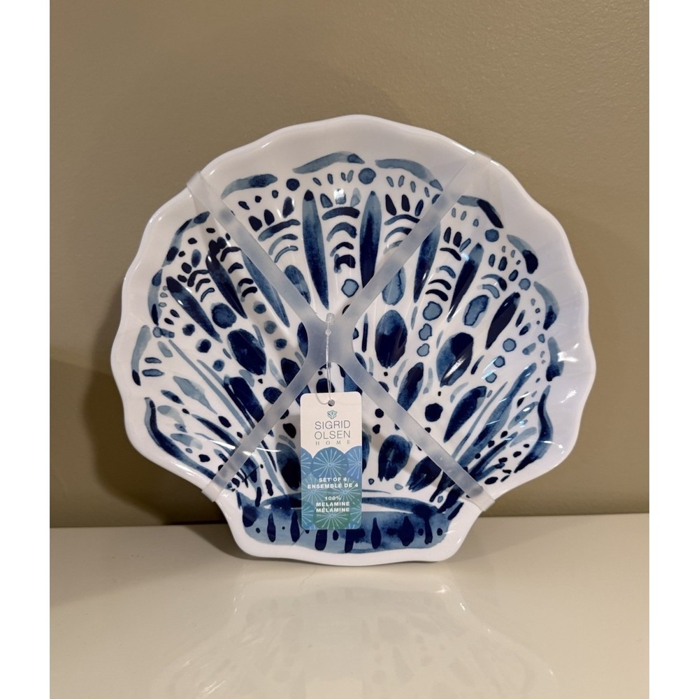 Sigrid Olsen Shell Shape Melamine Set Of 4 Appetizer Plates Nautical Blue White